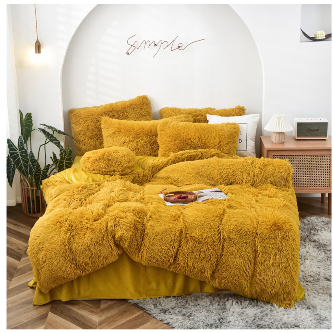 Cubrecama peludo 2 plazas mostaza