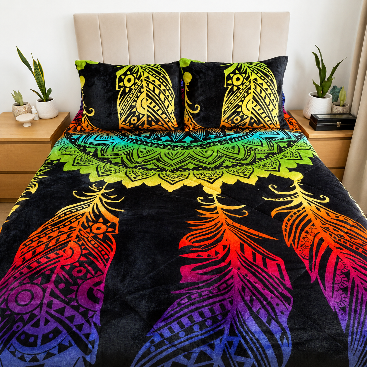Cubrecama 2 Plazas Polar con Chiporro Plumas Bohemia  230x250 cm + 2 Fundas