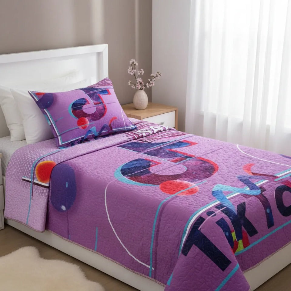 Cubrecama Quilt 1.5 Plazas Diseño TikTok Urbano Morado/Lila