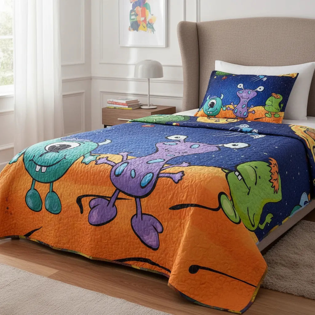 Cubrecama Quilt 1.5 Plazas Infantil Monstruos Del Espacio