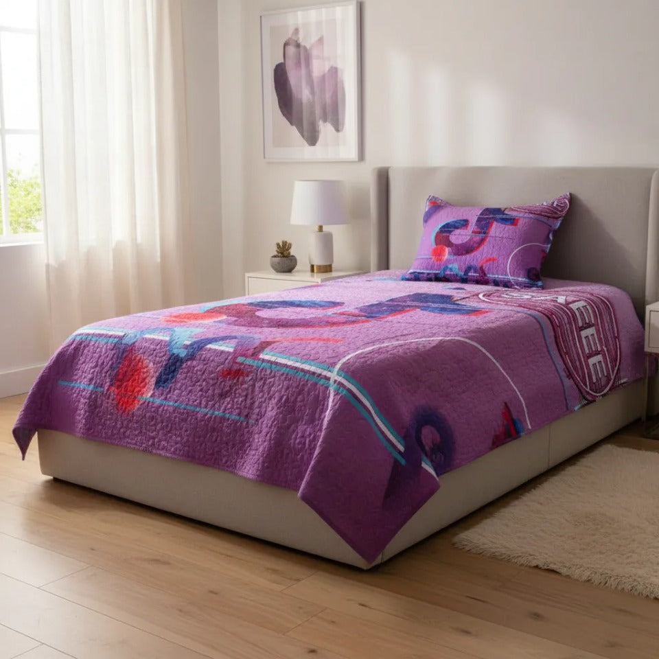 Cubrecama Quilt 1.5 Plazas Diseño TikTok Urbano Morado/Lila