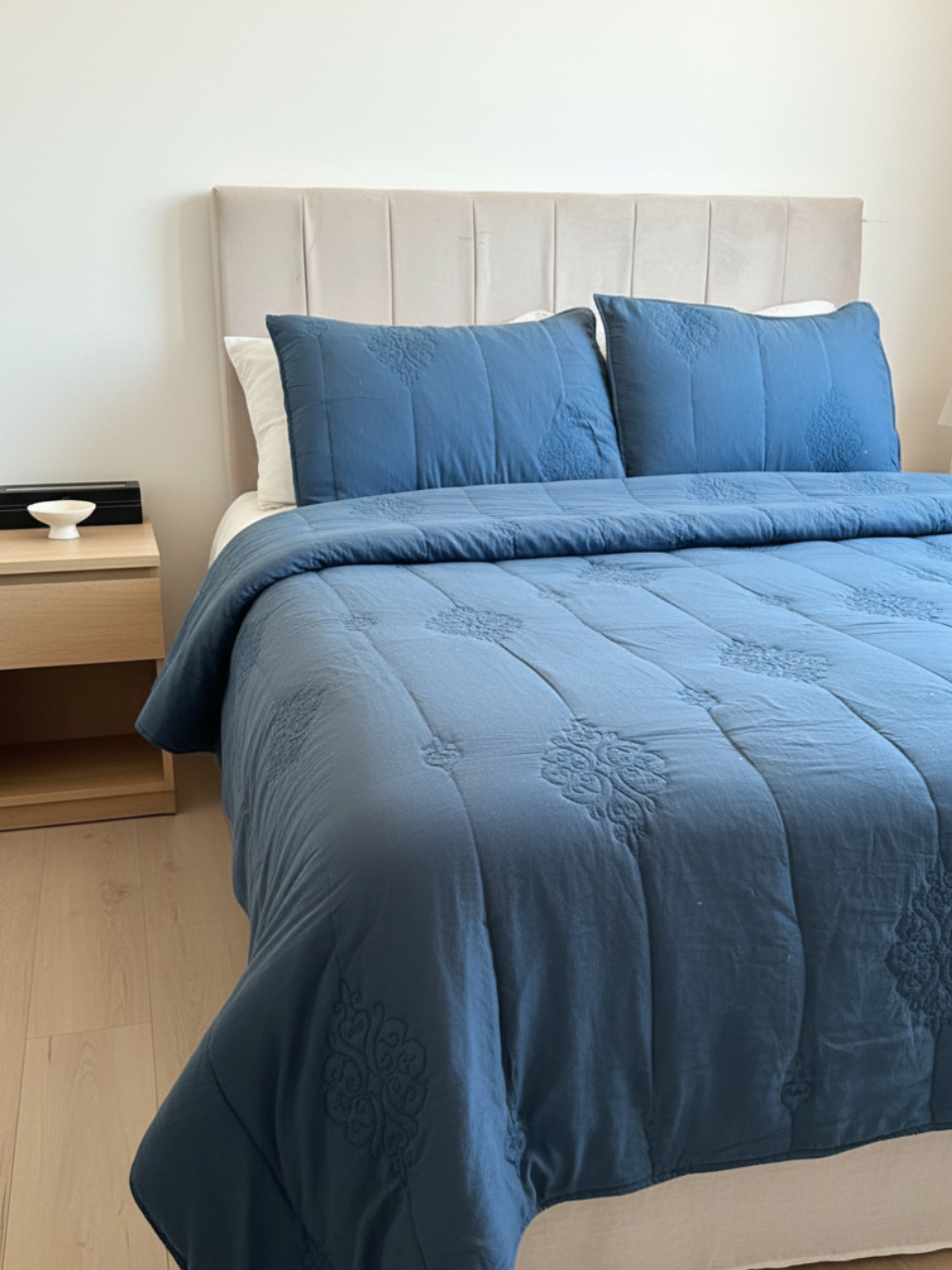 Cubrecama Bordado De Algodón 1.5 Plazas Mandala Azul