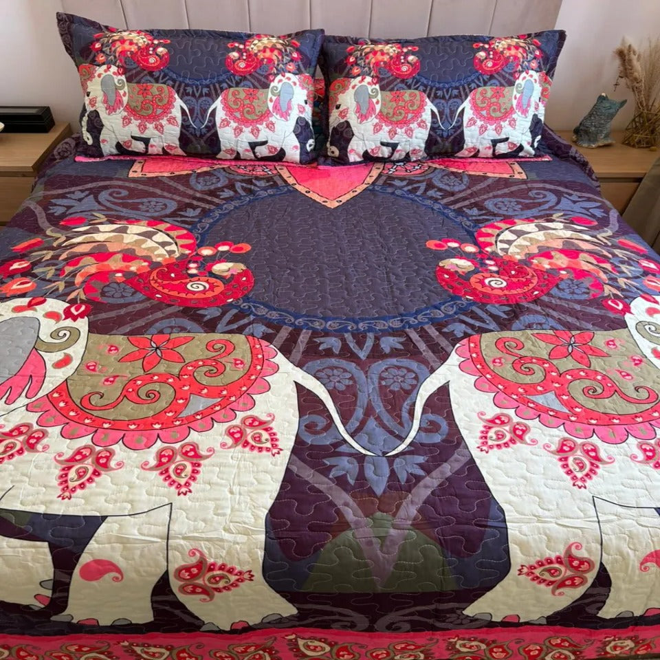 Cubrecama Quilt Microfibra 2 Plazas Diseño Elefantes Hindú
