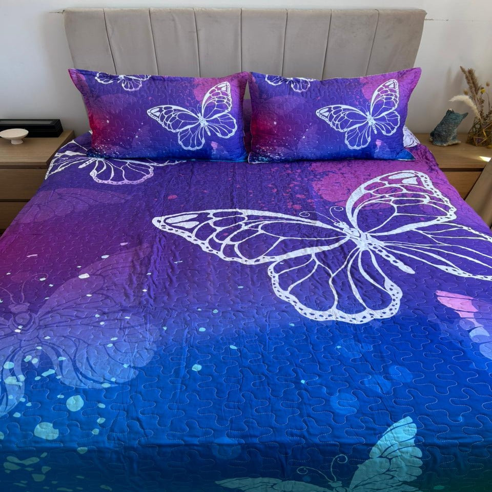 Cubrecama de Verano 2 Plazas Diseño Mariposas Morado Azul