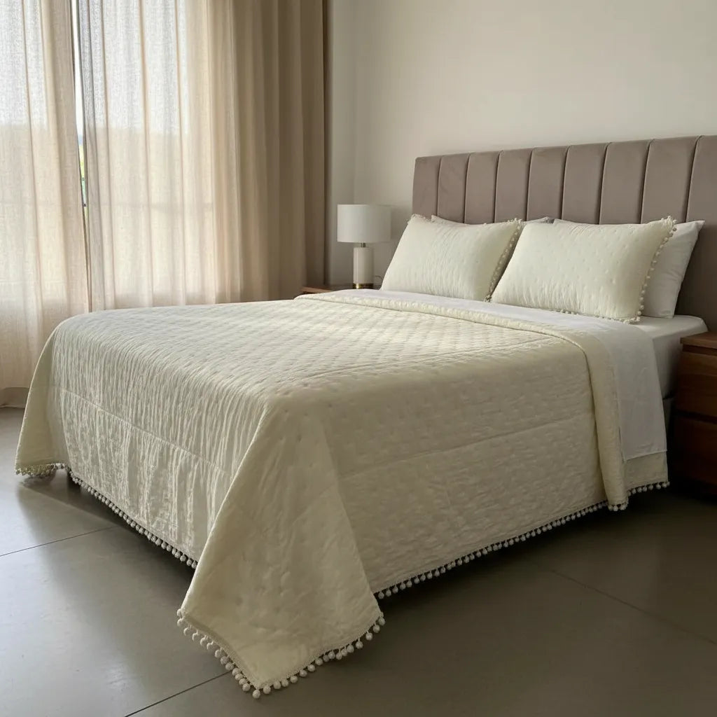 Cubrecama Algodón  super king pompon | blanco invierno