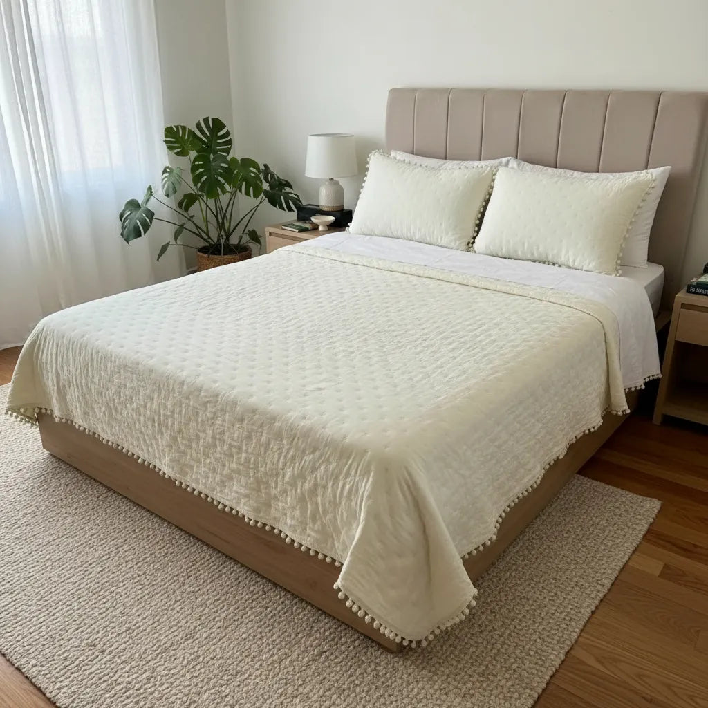 Cubrecama Algodón  super king pompon | blanco invierno