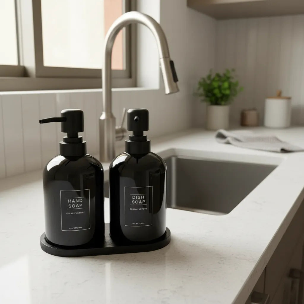 Set Dispensadores De Jabón Y Lavalozas Con Bandeja | Negro