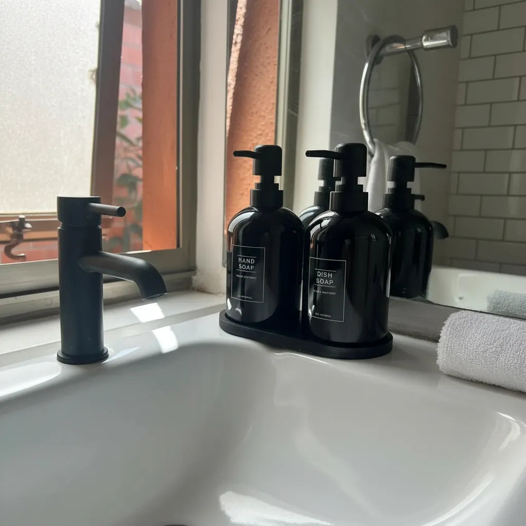 Set Dispensadores De Jabón Y Lavalozas Con Bandeja | Negro