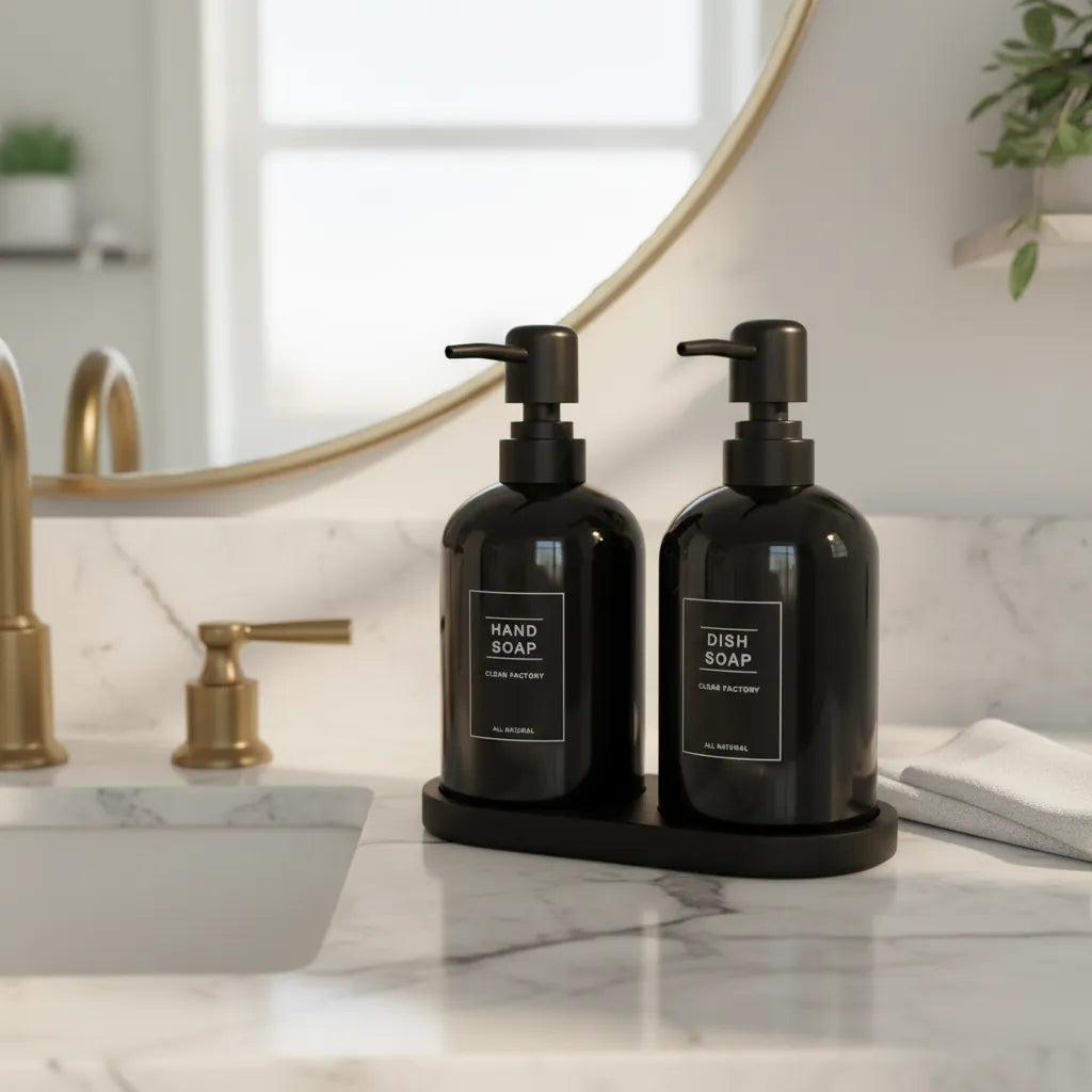 Set Dispensadores De Jabón Y Lavalozas Con Bandeja | Negro