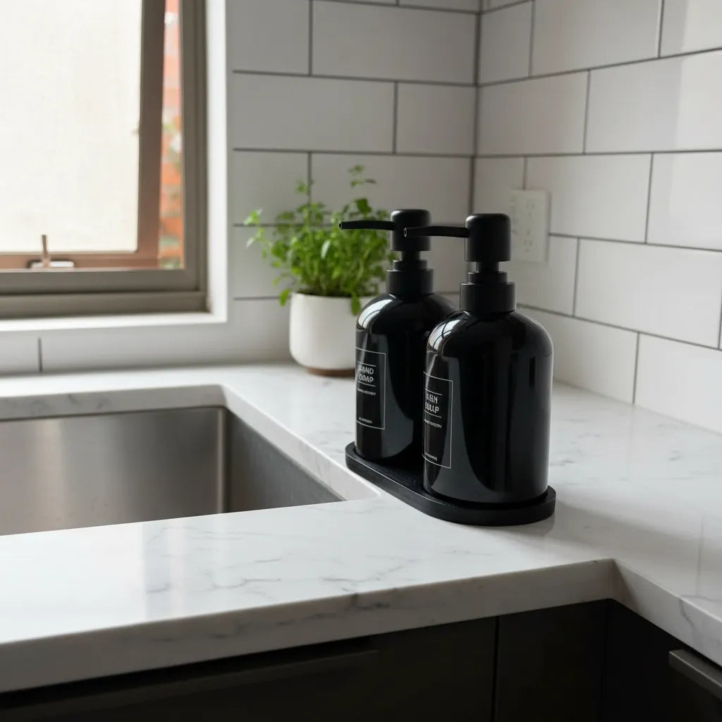 Set Dispensadores De Jabón Y Lavalozas Con Bandeja | Negro