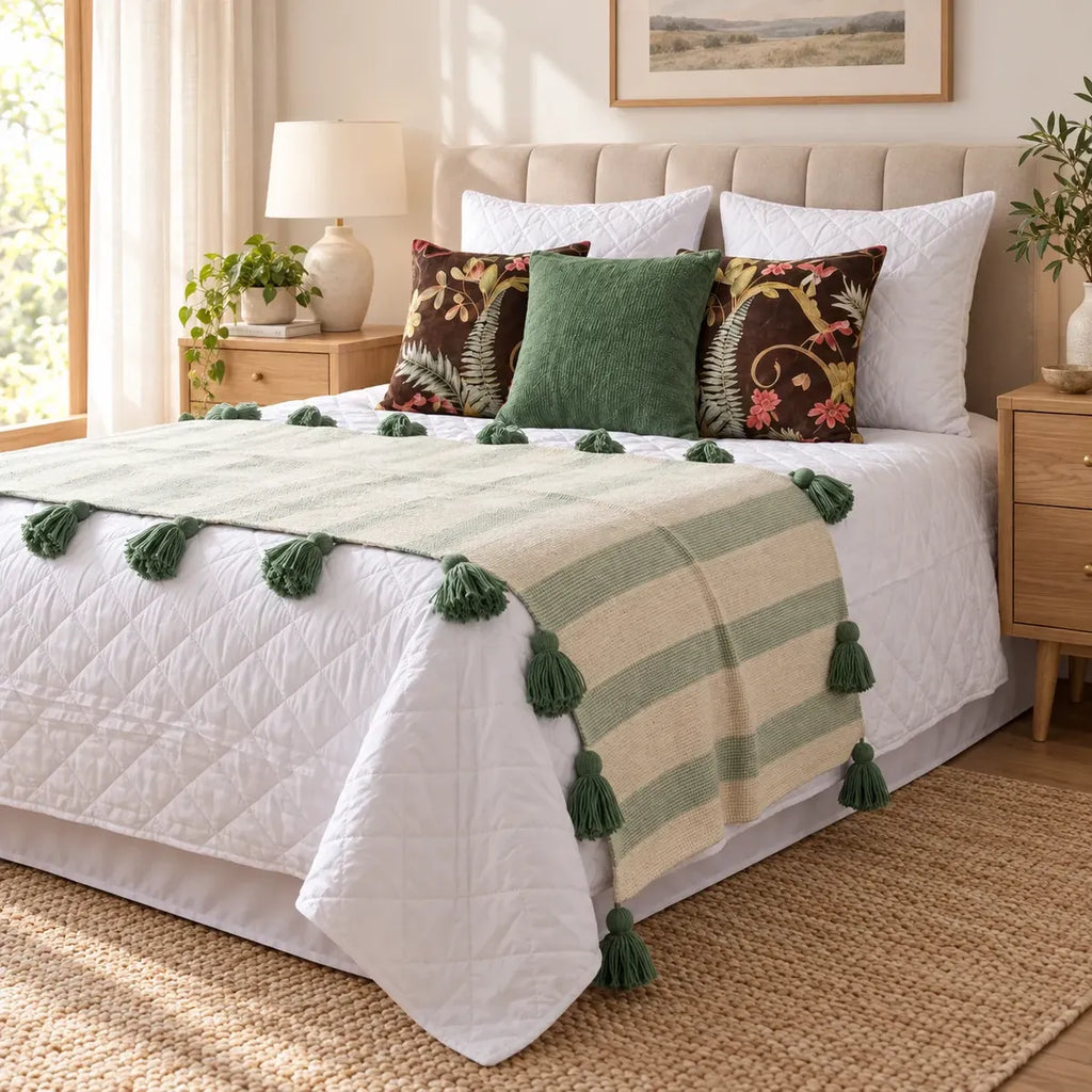 Set Piecera Kilim Verde Agua 70 × 210 cm + 3 Fundas de Cojín 45 × 45 cm