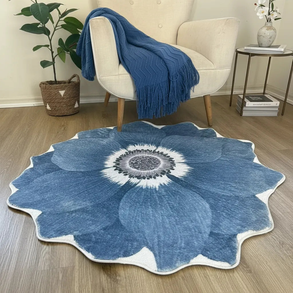 Alfombra Redonda De Felpa Con Antideslizante Diseño Flor azul acero