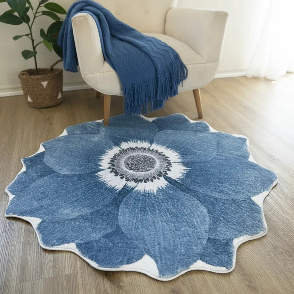 Alfombra Redonda De Felpa Con Antideslizante Diseño Flor azul acero