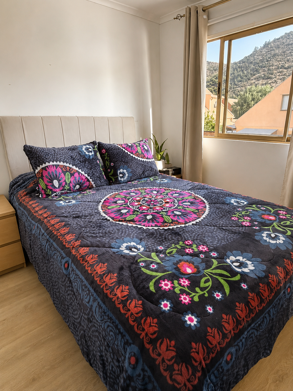 Cubrecama 2 Plazas Polar con Chiporro Mandala Floral Nocturno 230x250 cm + 2 Fundas