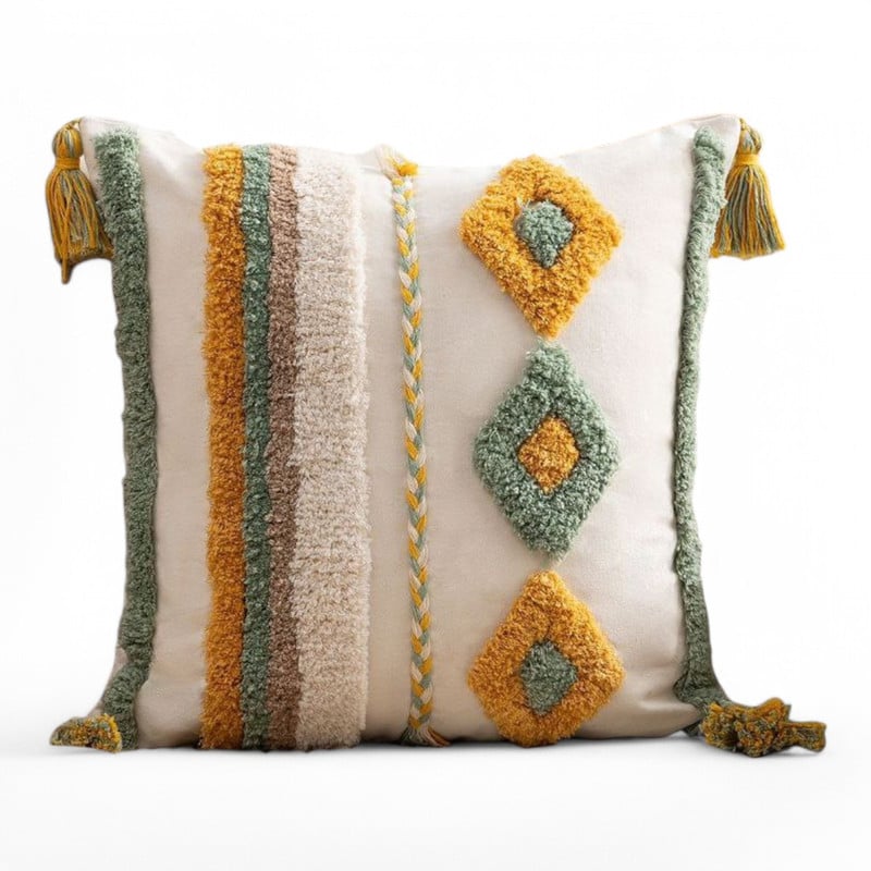 Fundas de cojines boho verde agua + mostaza