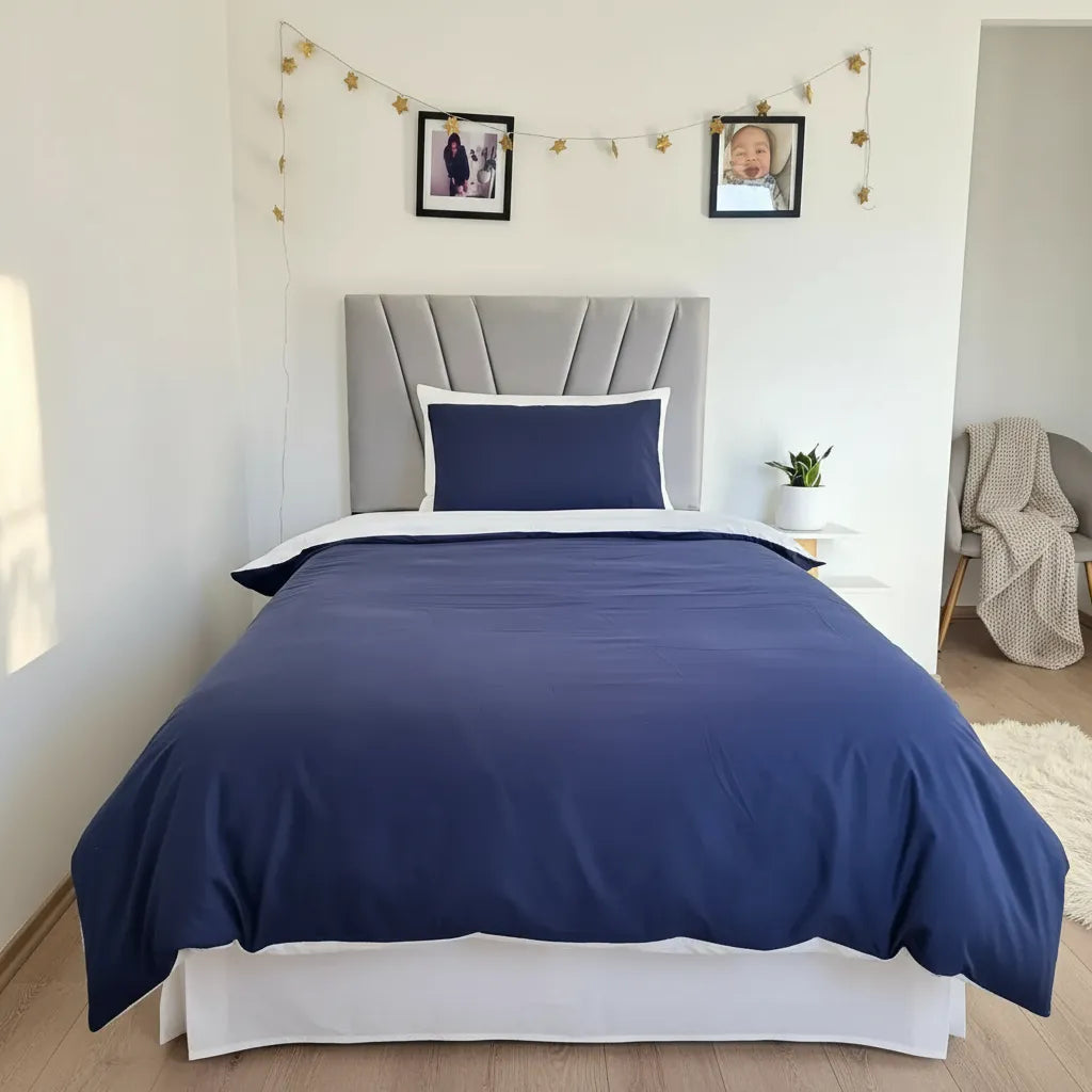 Set Funda de Plumón Reversible 1.5 Plazas Azul/Blanco con Cierre + Sábana + Funda Almohada 100% Algodón