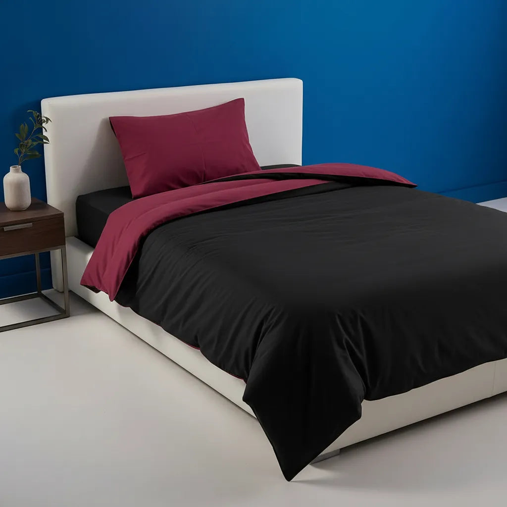 Set Funda de Plumón Reversible 1.5 Plazas Negro/ Burdeo  con Cierre + Sábana + Funda Almohada 100% Algodón
