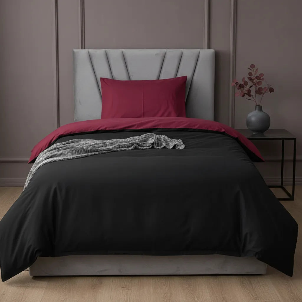 Set Funda de Plumón Reversible 1.5 Plazas Negro/ Burdeo  con Cierre + Sábana + Funda Almohada 100% Algodón