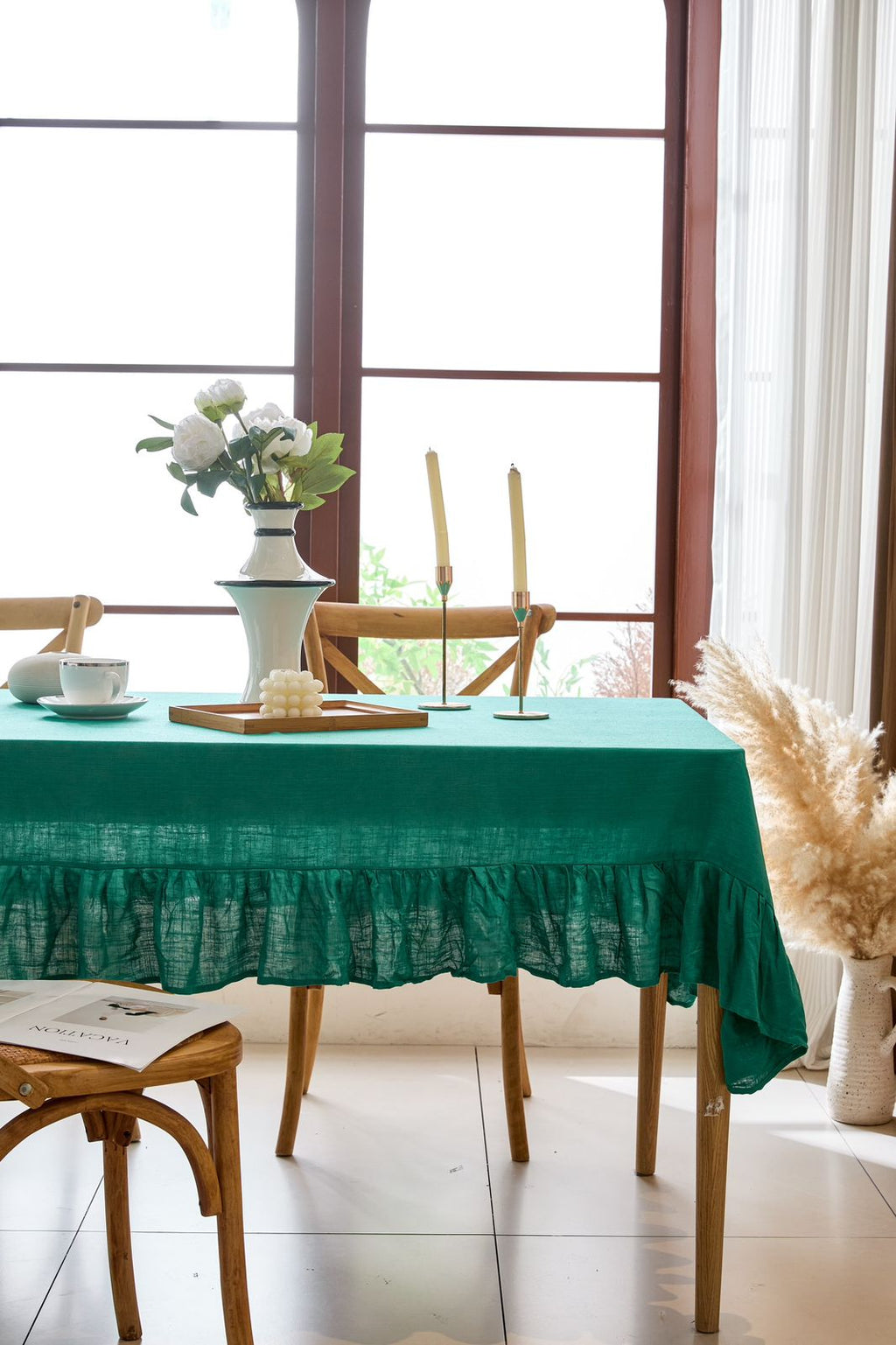 Mantel elegante,  de lino turquesa