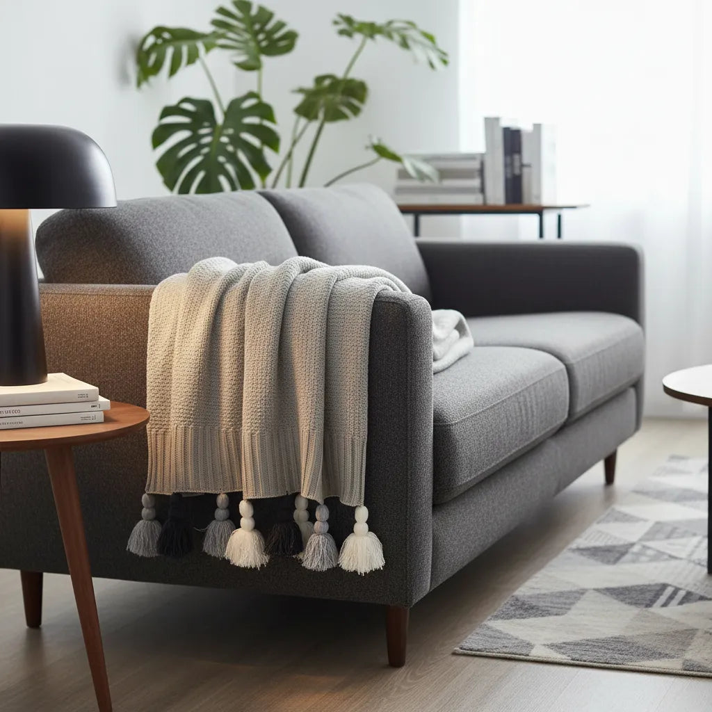 Manta Tejida con pom-pom  Gris| 120x220cm