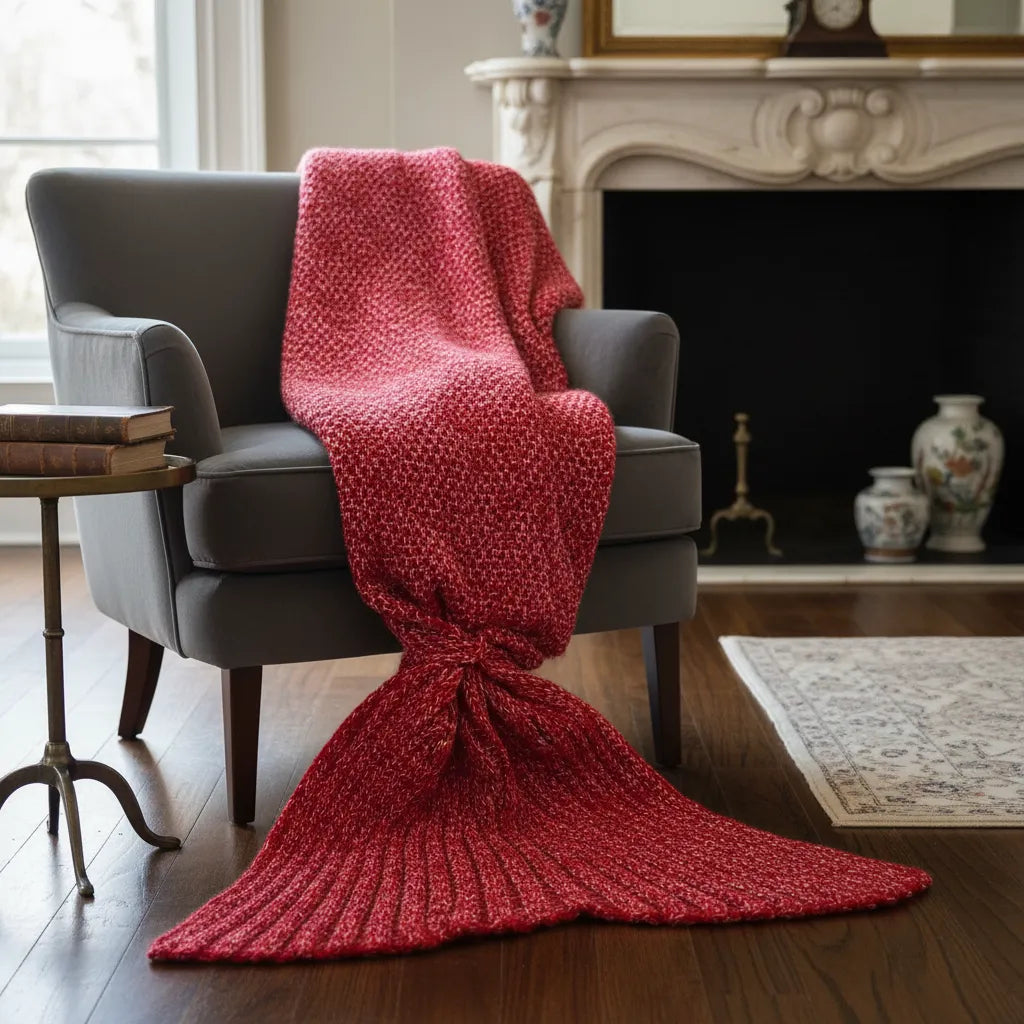 Manta Tejida Estilo Sirena XL | Suave, Cálida y Decorativa - Rojo