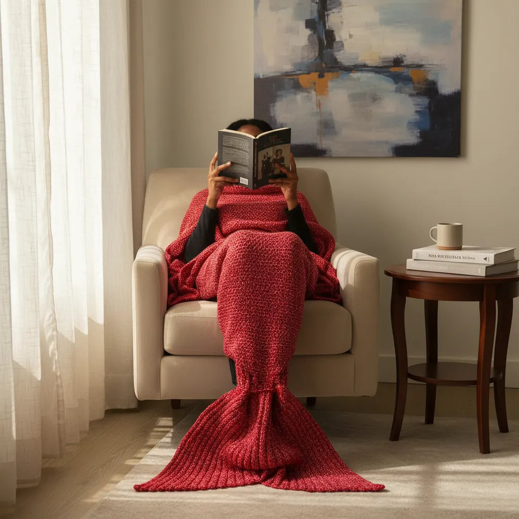 Manta Tejida Estilo Sirena XL | Suave, Cálida y Decorativa - Rojo