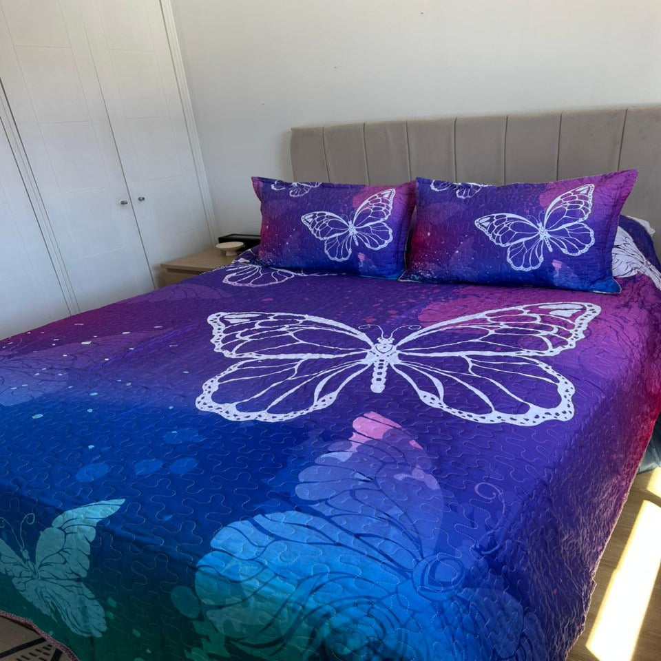 Cubrecama de Verano 2 Plazas Diseño Mariposas Morado Azul