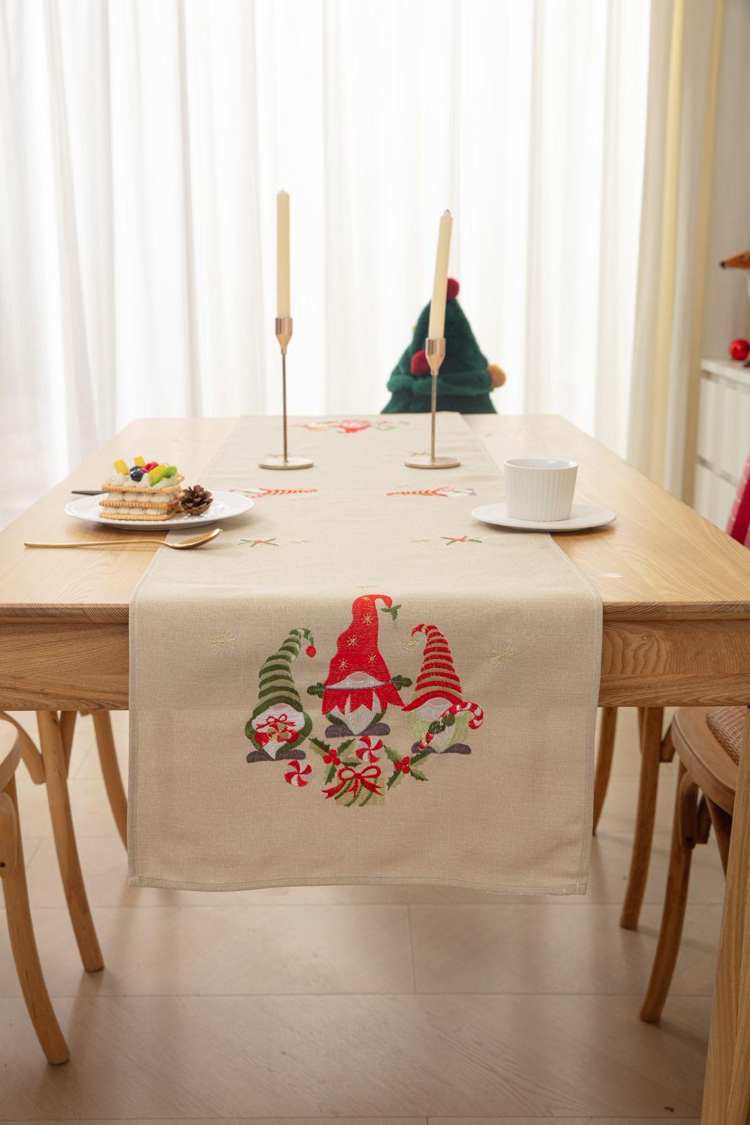Camino de Mesa Navidad en Lino Bordado, nomo – Decoración Premium