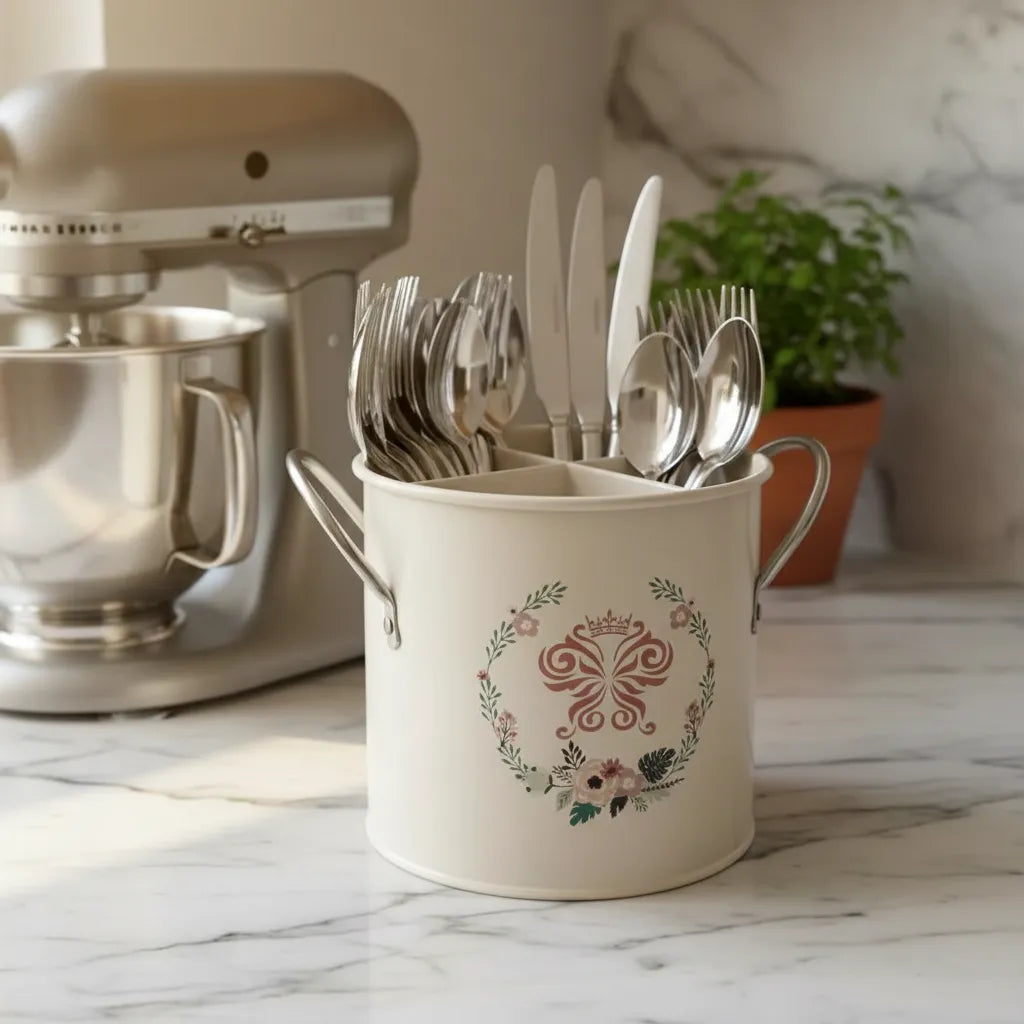 Organizador de Cubiertos Metálico 4 Compartimentos con Drenaje 13x14 cm Estilo Vintage