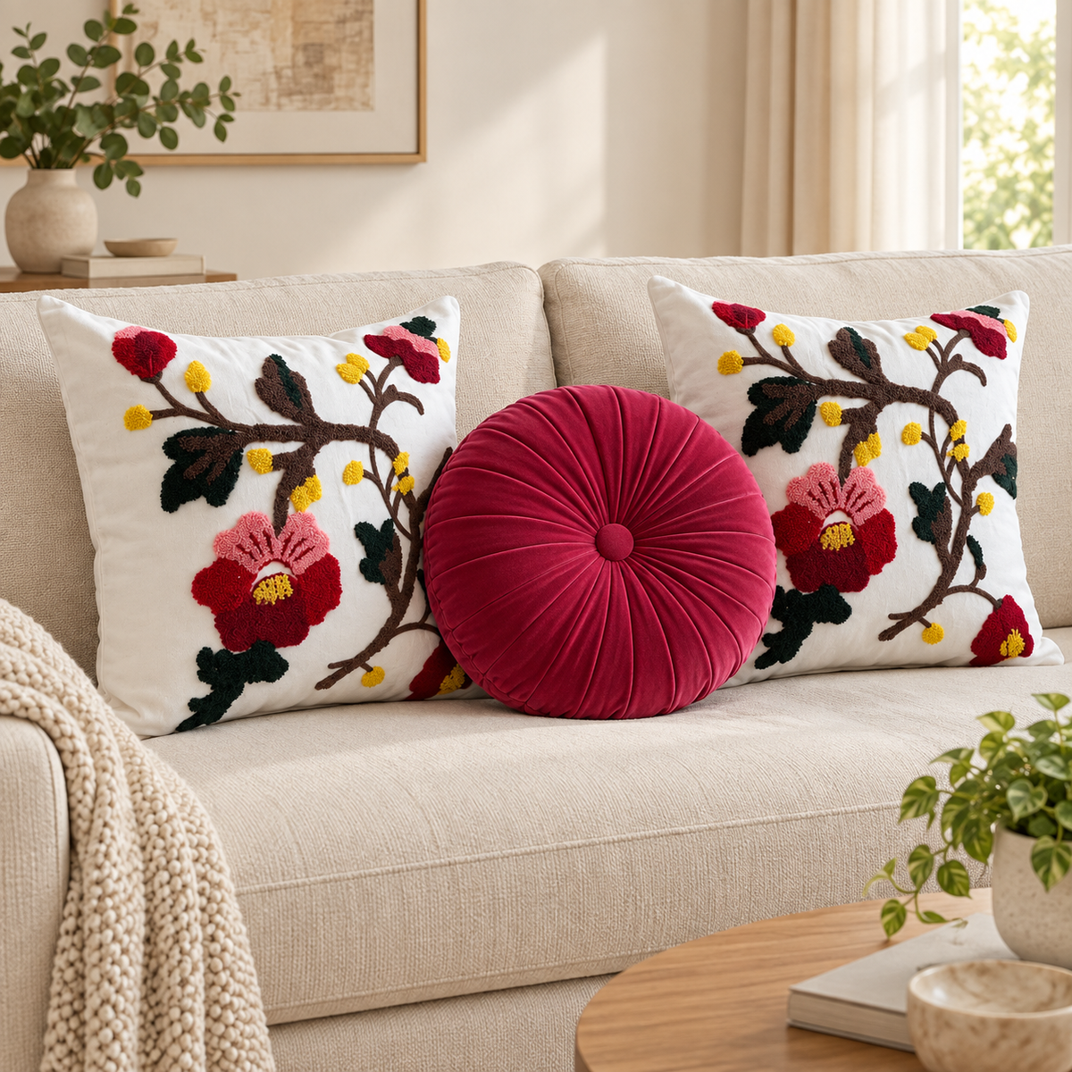 Set De 3 Cojines Decorativos Jardín Rubí · Bordados Y Redondo