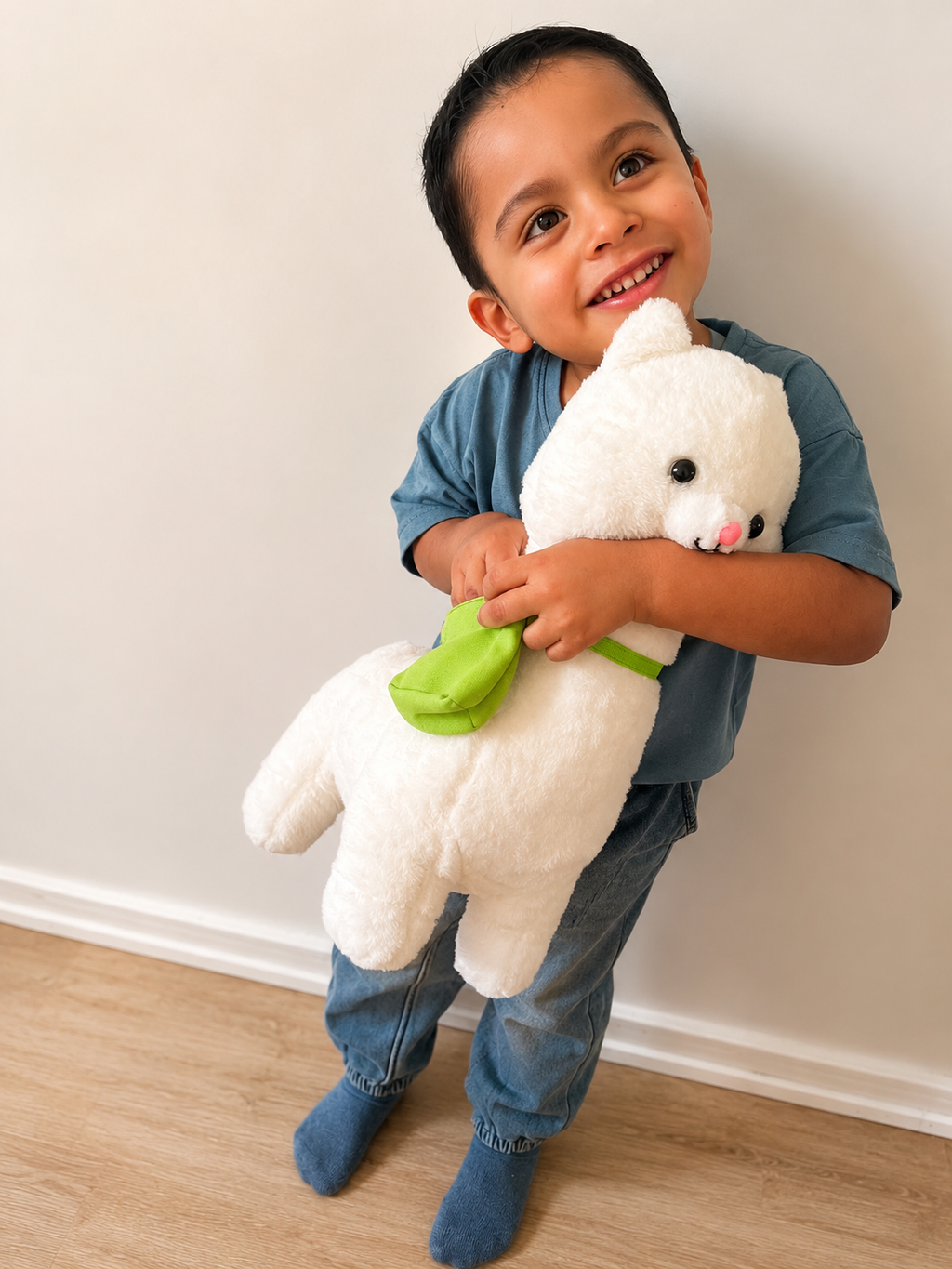 Peluche Alpaca Blanca Con Bolso Verde Suave Y Abrazable