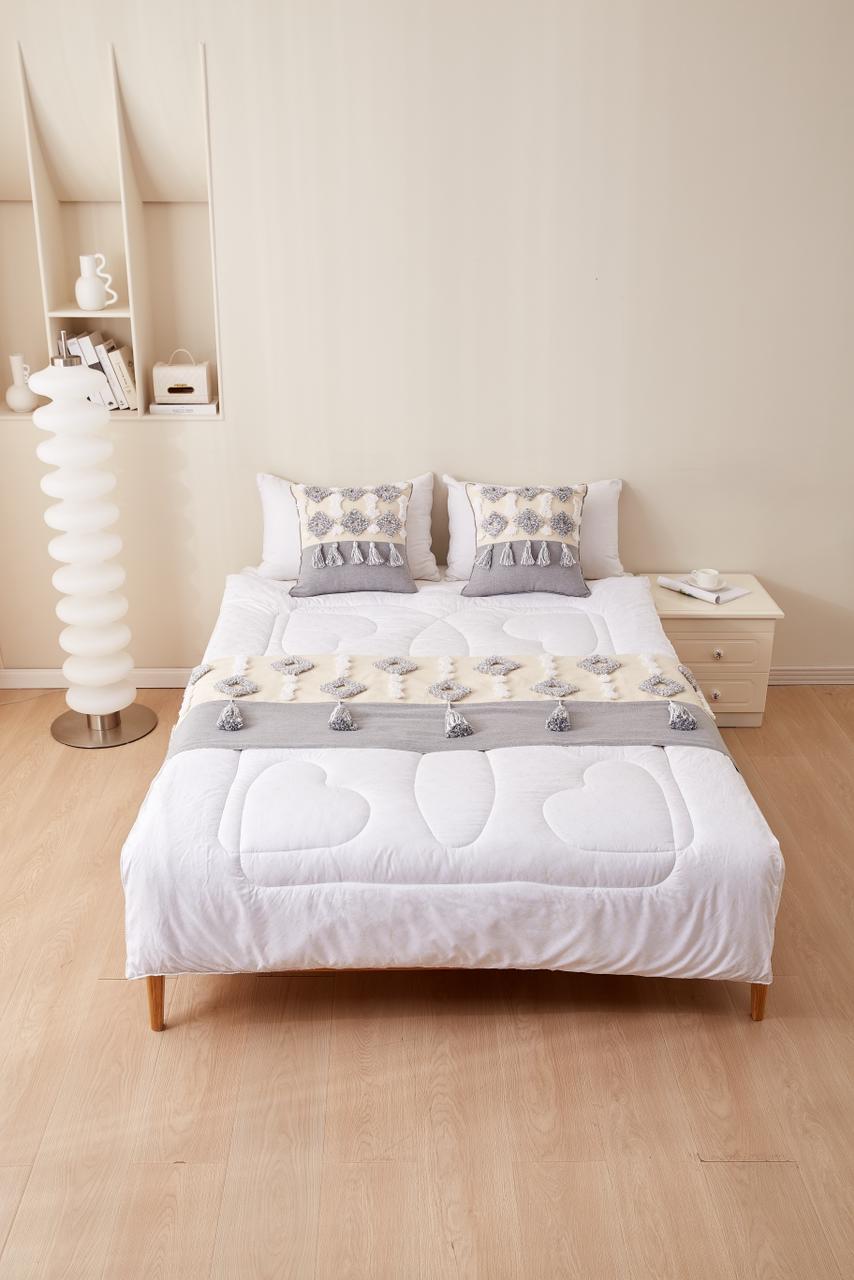 Set de piecera boho gris y beige + 2 fundas