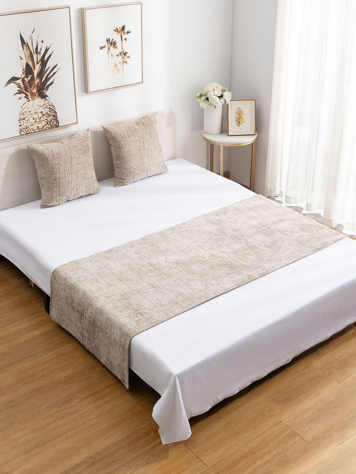 Set de piecera chenille cafe claro + 2 fundas 45cmx45cm