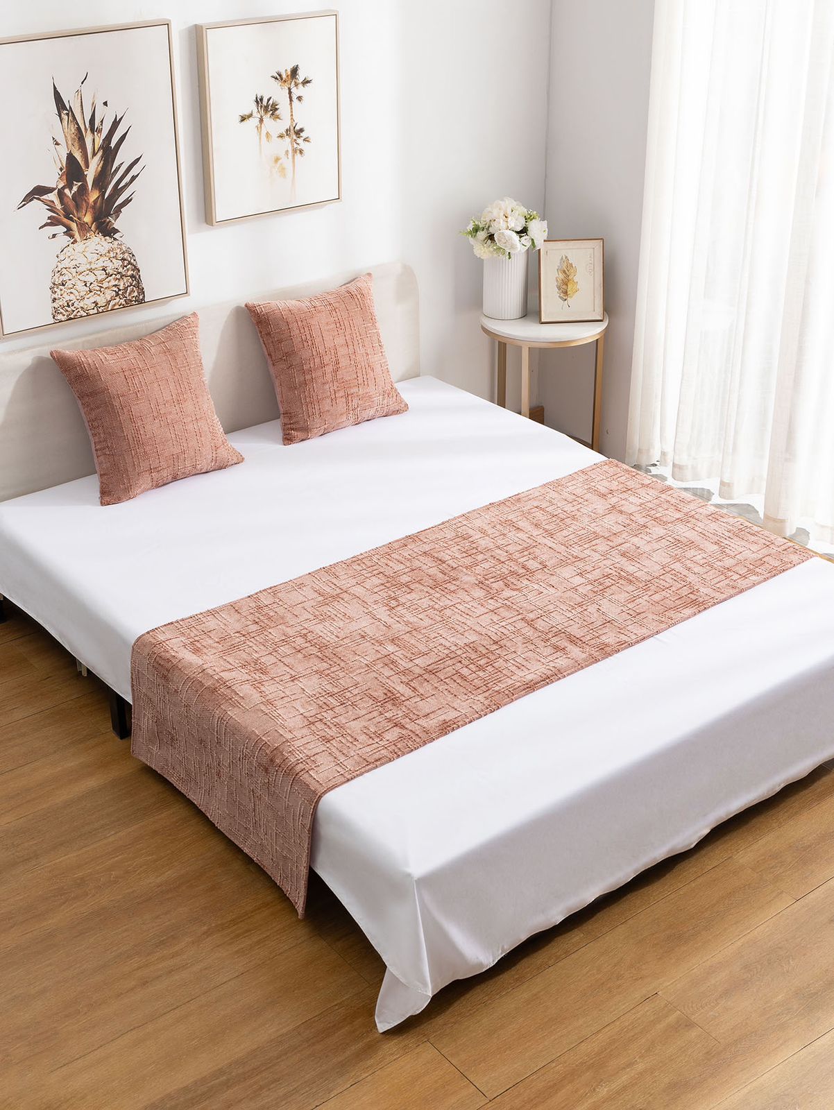 Set de piecera chenille rosa + 2 fundas 45cmx45cm