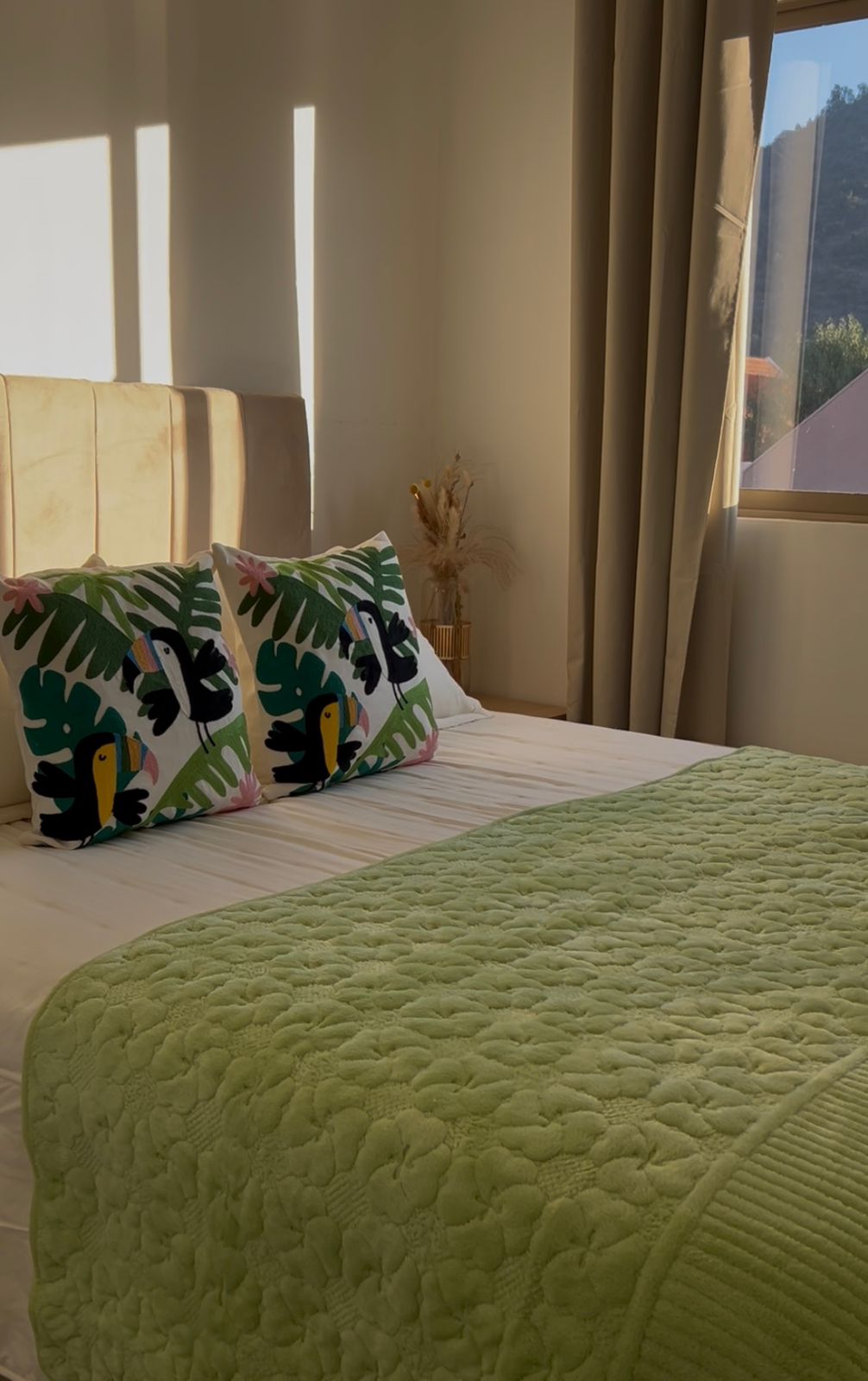 Set de piecera de polar verde + 2 fundas bordadas