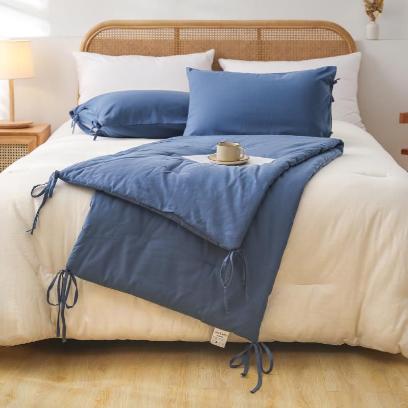 Set de piecera lino azul con 2 fundas de almohada