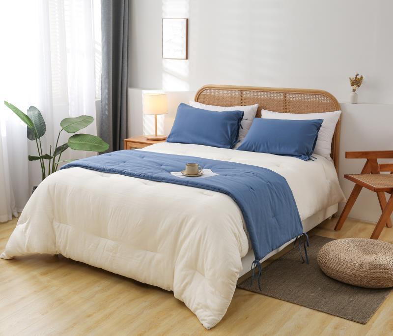 Set de piecera lino azul con 2 fundas de almohada