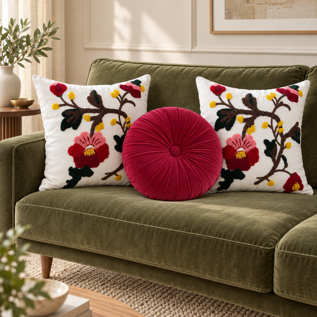 Set De 3 Cojines Decorativos Jardín Rubí · Bordados Y Redondo