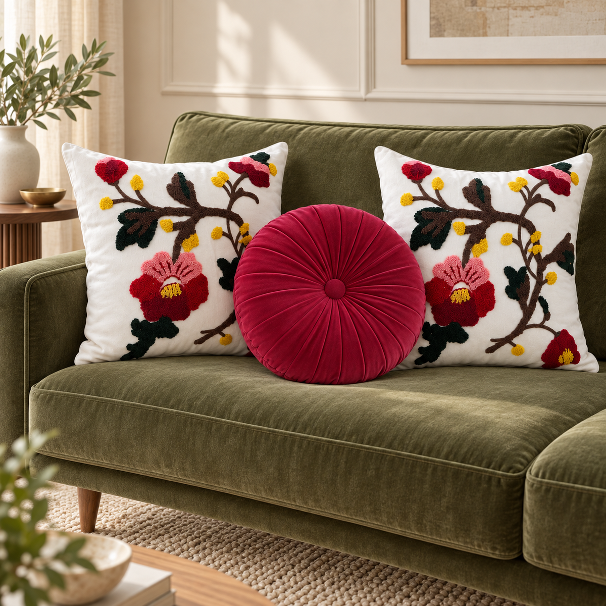 Set De 3 Cojines Decorativos Jardín Rubí · Bordados Y Redondo