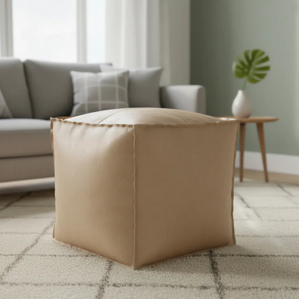 Pouf Cuadrado de Ecocuero  Beige  45x45 cm – Asiento Decorativo Moderno para Living, Dormitorio o Sala