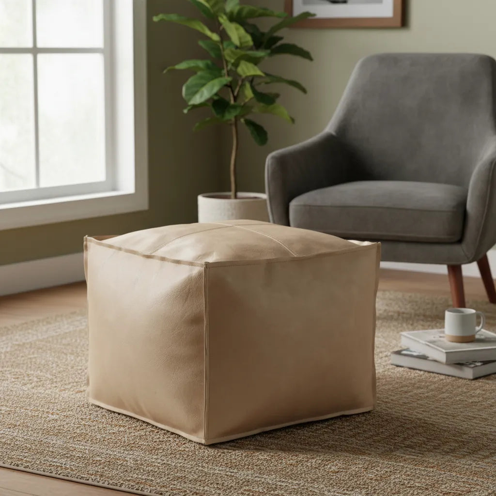 Pouf Cuadrado de Ecocuero  Beige  45x45 cm – Asiento Decorativo Moderno para Living, Dormitorio o Sala
