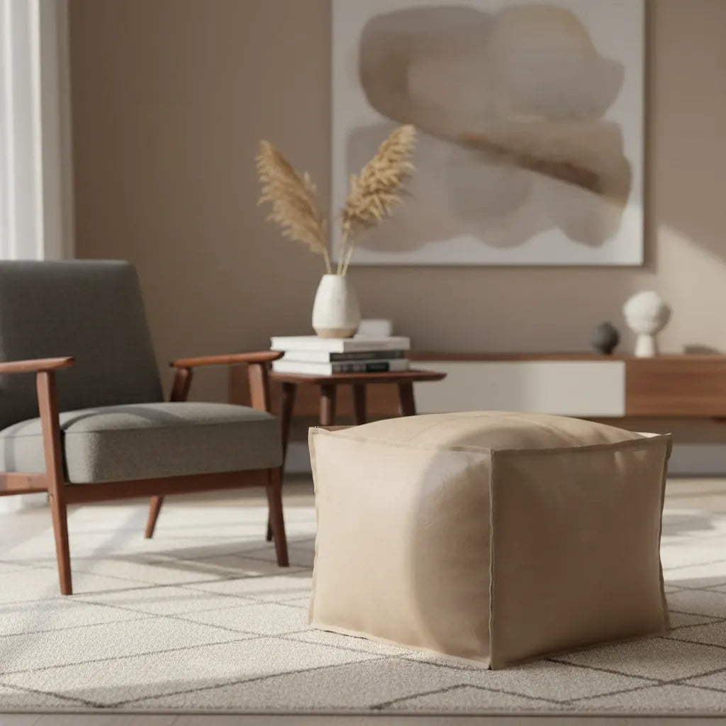 Pouf Cuadrado de Ecocuero  Beige  45x45 cm – Asiento Decorativo Moderno para Living, Dormitorio o Sala