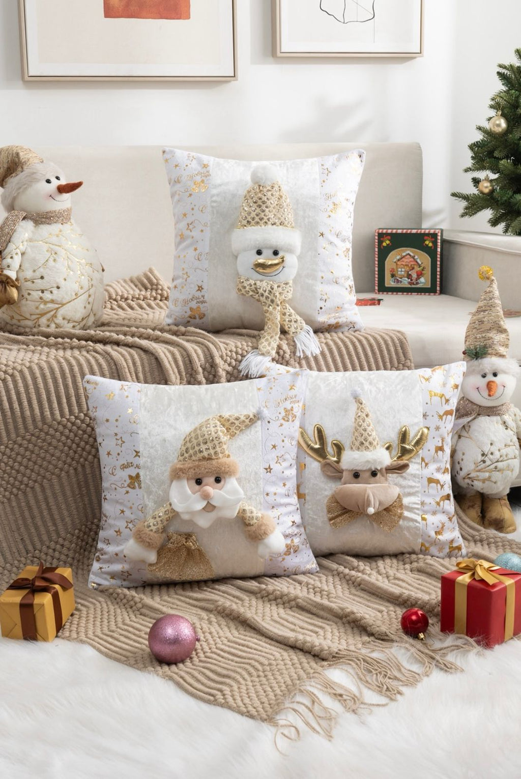 Fundas de cojines navideñas con diseño 3D con detalles dorados