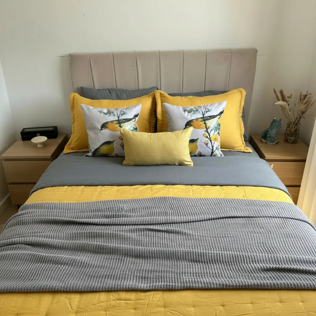 Set Ropa De Cama Gris Mostaza 6 Piezas Algodón + Chenille