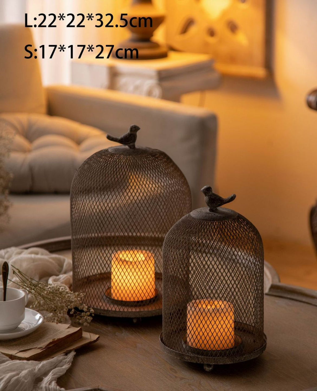 Set de 2 portavelas diseño jaula con figura de pajaro