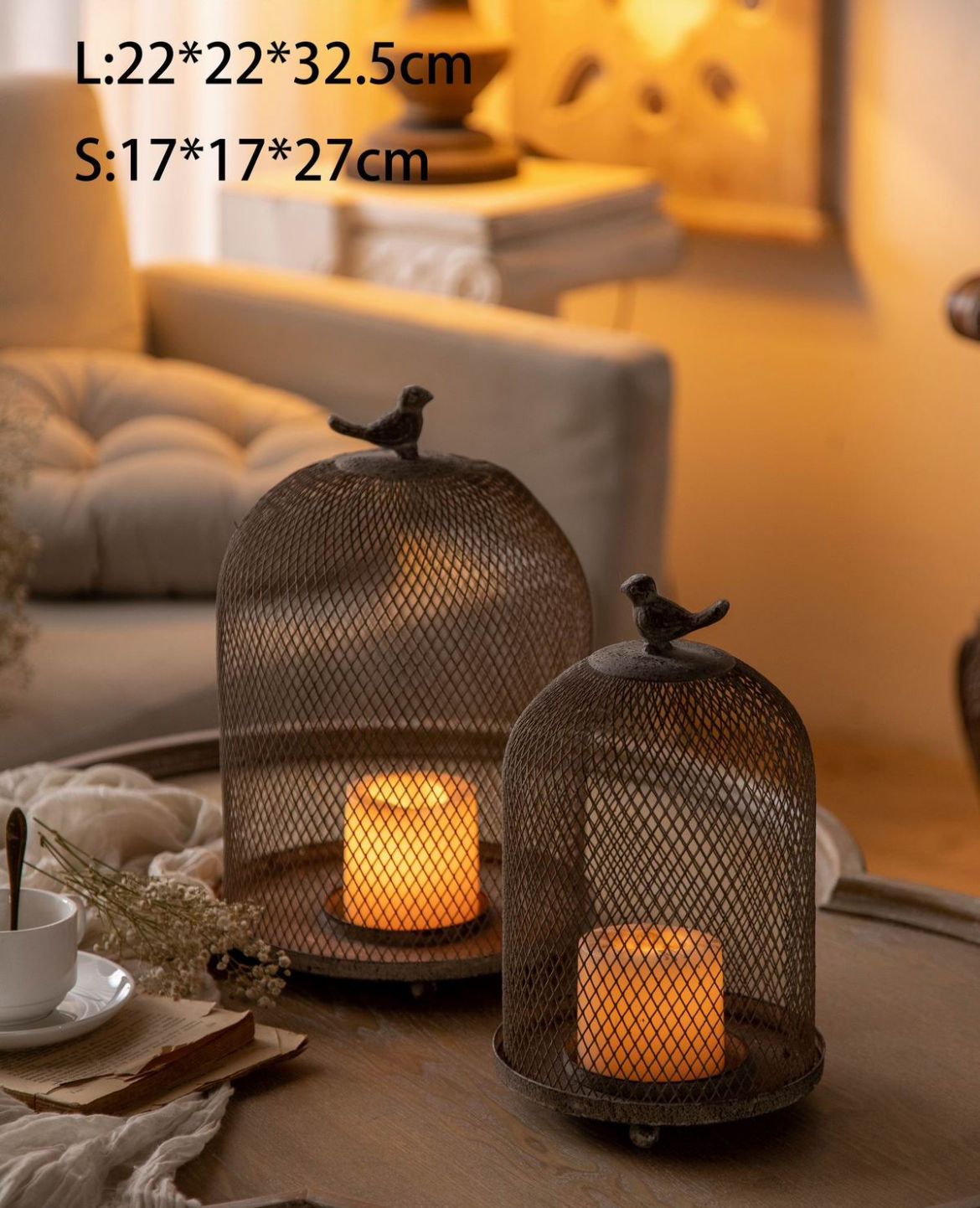 Set de 2 portavelas diseño jaula con figura de pajaro