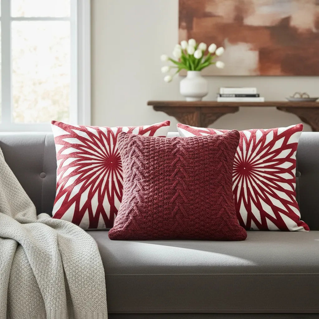 Set de 3 Cojines Decorativos Mandala Burdeos – 45x45 cm