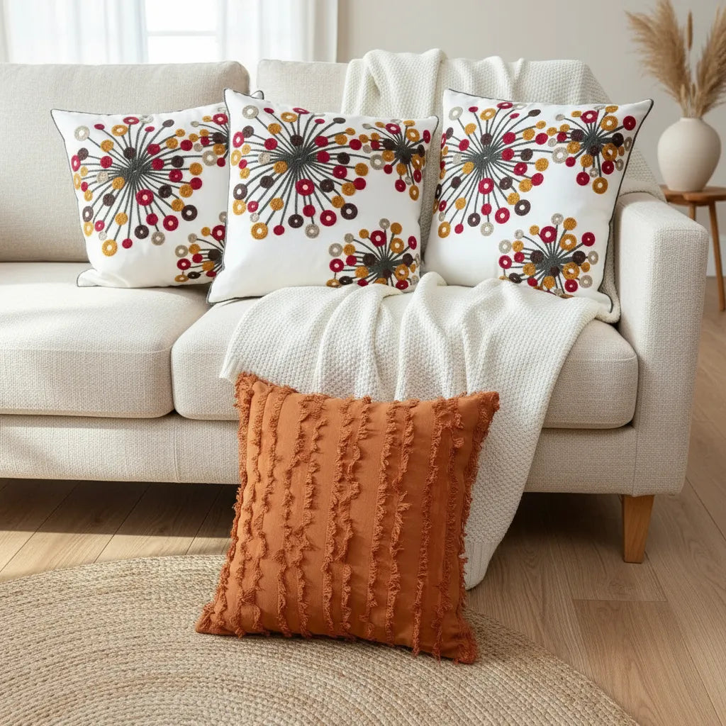 Set de 3 Cojines Decorativos Bordados Terracota – 45x45 cm