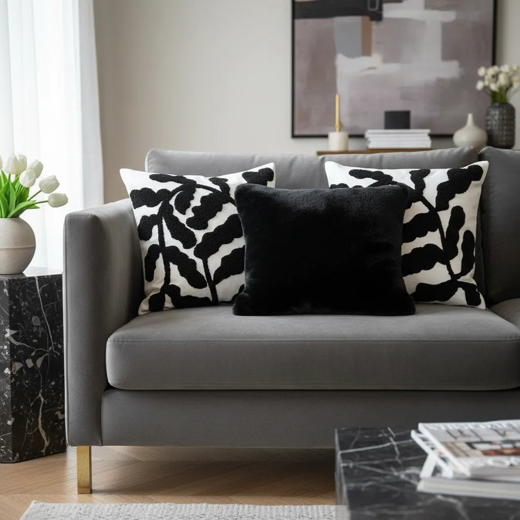 Set de 3 Cojines Decorativos Blanco y Negro con Textura – 45x45 cm