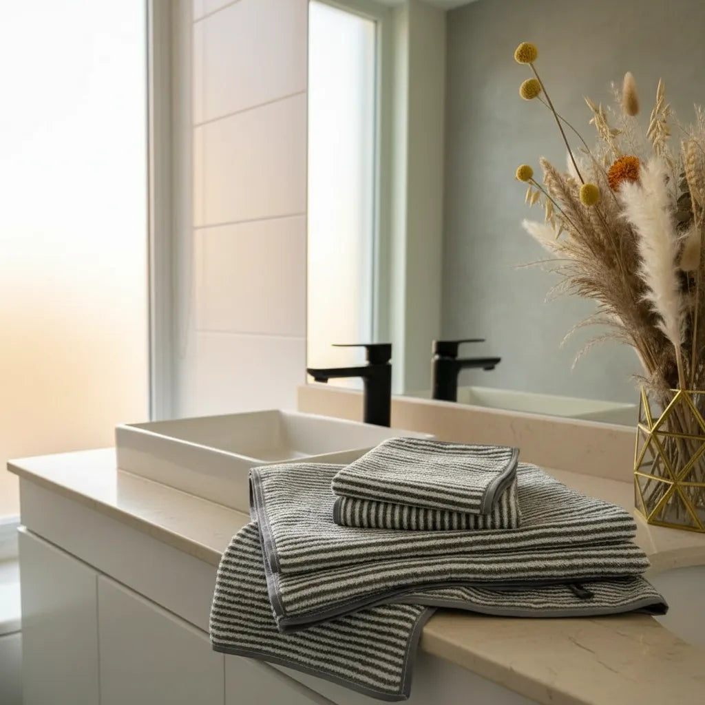 Set De Toallas Microfibra Premium Rayas Gris - 4 Piezas